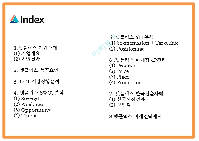 넷플릭스 기업분석과 성공요인 및 마케팅 4P,STP,SWOT분석및 넷플릭스 한국진출사례분석과 미래전략제언 PPT   (3 페이지)